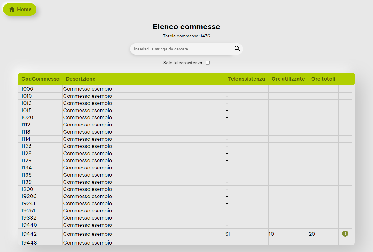 Immagine che mostra la pagina con l'elenco delle commesse
